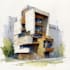 sketch architecture building with watercolor rendering