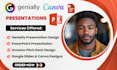 design genially, powerpoint, canva, google slides, and pitch deck presentations