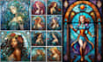 make classic fantasy stained glass art poster mosaic stained glass character art