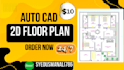 draw, redraw 2d architectural floor plan, blueprint  autocad