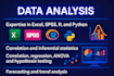 assist in data analysis and insights using excel, spss, r