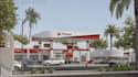 redesign 3d gas station, ev charging station,site plan,drive thru design,render
