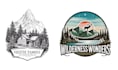 create hand drawn mountain sawmill emblem logo