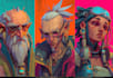 make cyberpunk and fantasy character splash art