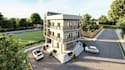 redesign 3d exterior,warehouse,mixed use commercial building,cgi rendering,patio