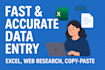 accurate data entry, web research, copy paste, and excel data cleanup
