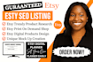 set up etsy shop, design etsy digital product seo, listing etsy store setup