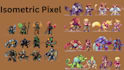do isometric pixel art assets,game character,sprite sheet and background