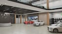 design stylish car showroom interior, reception desk,lounge area, indoor balcony