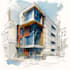 sketch architecture building with watercolor rendering