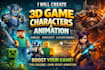 design custom minecraft skin, game character, roblox game animation unity unreal