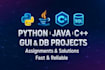 do projects in python, java, c, cpp, c sharp, gui apps and sql database projects
