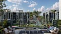 remodel residential building complex, communal garden, lush landscape rendering