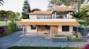 render 3d external duplex ,cgi landscape,terracotta gable roof, driveway paving