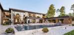 visualize 3d brick villa, wood facade design, bedrock, circular driveway render