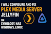 configure and fix plex media server, jellyin on synology, nas window, linux