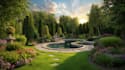 backyard landscape design with pool, patio, and garden 3d rendering