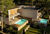 refurish3d elevated house,villa exterior,pool side,outdoor lounge,balcony render