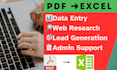 do fast data entry, copy paste, excel sheet, pdf to excel, google spreadsheet