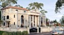 upgrade modern 3d mansion, redecorate symmetrical facade, render arched window