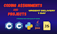 complete cpp, python, java, javascript, csharp coding assignments web dev