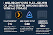 reconfigure plex, jellyfin on linux server, window server, with nas storage
