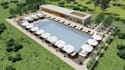 render 3d pool with terrace and cafe, revitalize pave area, cgi bathhouse design