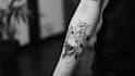 do black and white geometric custom tattoo, monoline