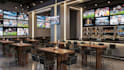 create a realistic 3d sports bar render with led screen display setup