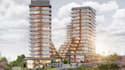 redesign 3d mixed use building,glass facade, private balcony,public plaza render