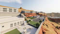 build mountain hillside campus, mountain road infrastructure, mater plan, render