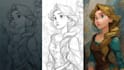 sketch, outline and color cartoon illustrations