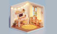 create isometric 3d bathroom, kitchen, living room concept and 3d rendering