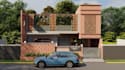 revamp 3d duplex exterior, brick wall facade, driveway design, balcony render