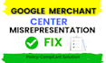 fix google merchant center suspension, misrepresentation