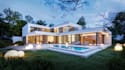 refine 3d cgi cottage villa exterior, modern chalet house interior, pool render