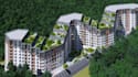 refine 3d building complex, sustainable apartment,high rise elevation,skp render