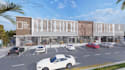 render 3d multiuse complex,shopping plaza,retail exterior layout,cgi parking lot