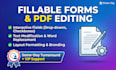 create fillable PDF forms, change text,  and replace words in any document