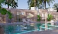 design a luxury modern pool and 3d backyard landscape
