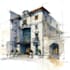 sketch architecture building with watercolor rendering