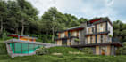 visualize luxury 3d facade, garden house design, render hillside villa retreat