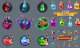 illustrate game icons, item, potion, spells 2d game asset, set, scrolls and book