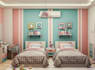 render 3d playroom interior, twin bedroom design,toy storage, functional layout