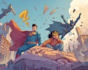 illustrate action packed superhero comic panels