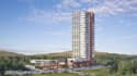 design modern high rise building, office tower rendering, topo landscape layout