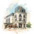 sketch architecture building with watercolor rendering