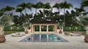 provide simple tropical landscape design, mediterranean gazebo rendering, pool