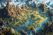 make hand drawn map illustration of cities, fantasy,