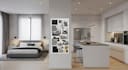 create modern interior design 3d rendering  for bedroom kitchen with mood board
